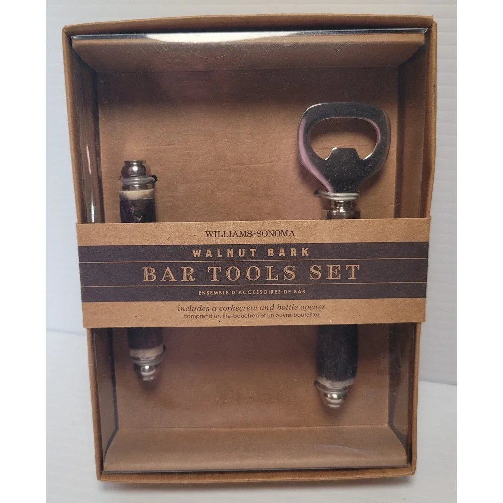 Williams Sonoma Walnut Bark Bar Tool‎ Bottle Opener & Corkscrew New Old Stock